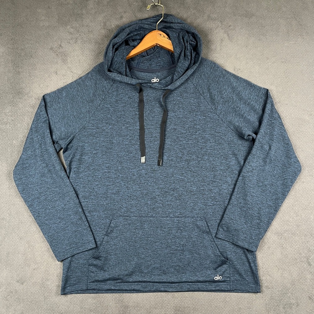 Alo Yoga Conquer Hoodie Mens Large Blue Heathered Performance Pullover Wicking